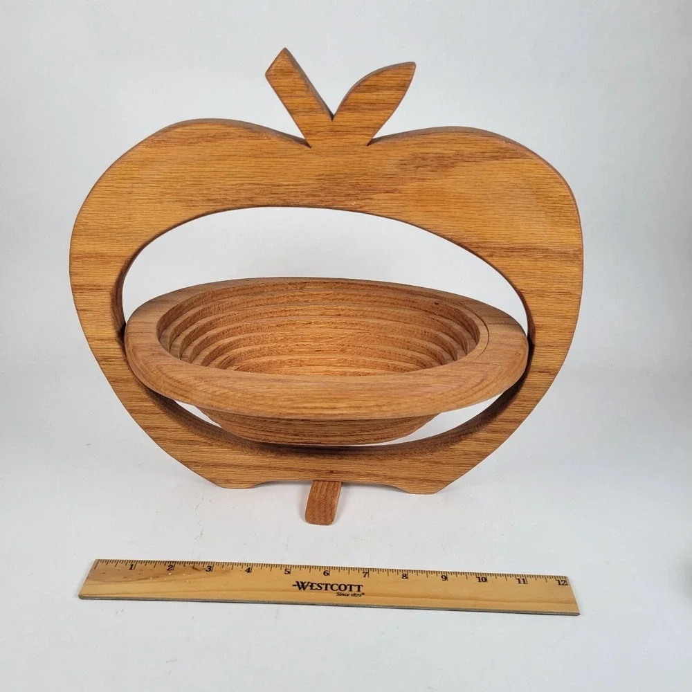 Vtg Wooden Ways Collapsible Apple-Shaped‎ Standing Wooden Basket Bowl Farmhouse